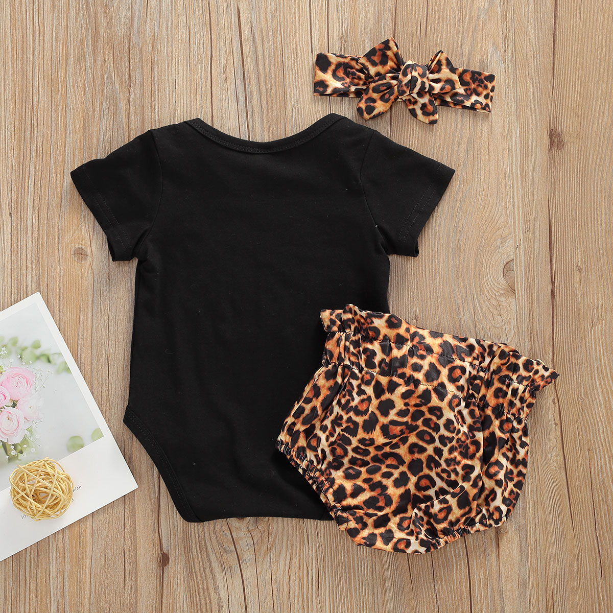 2020 Baby Summer Clothing 0-18M Newborn Baby Girl Set Short Sleeve Letter Print Jumpsuit Top + Bow Leopard Short Headband 3Pcs