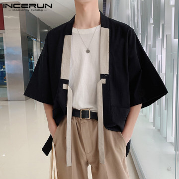 INCERUN 2021 Chinese Style Men Shirt Kimono Cotton Solid Harajuku Pockets Half Sleeve Tops Streetwear Vintage Men Casual Shirts