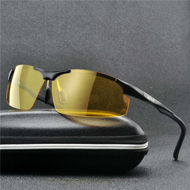 Frameless Square Night Vision Glasses for Night Driving Goggles Polarized Sunglasses Yellow Aluminum UV Sun Glassses for Men NX