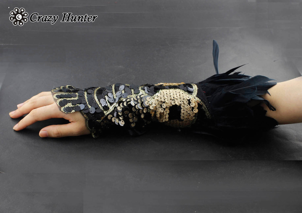 Womens Steampunk Goth Party Costume Luxury Feather Fingerless Gloves