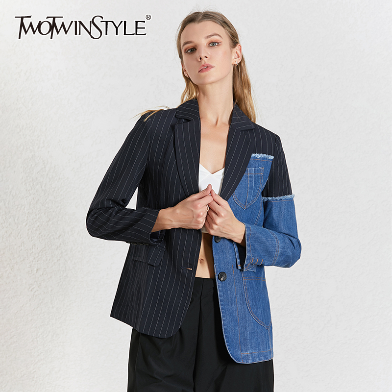 TWOTWINSTYLE Striped Patchwork Denim Female Blazer Notched Collar Long Sleeve Blazers For Women 2020 Summer Fashion Clothing