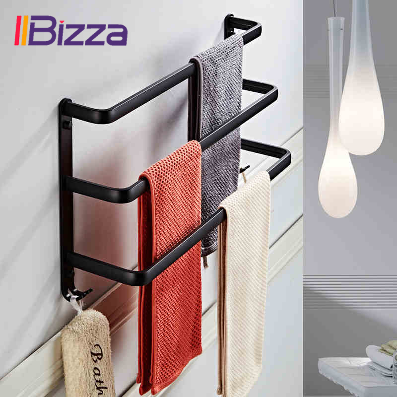 Towel Hanger Wall Mounted 40-50 CM Towel Rack Aluminum Bathroom Hanging Robe Hook Shelve 3 Layer Matte Black Towel Holder