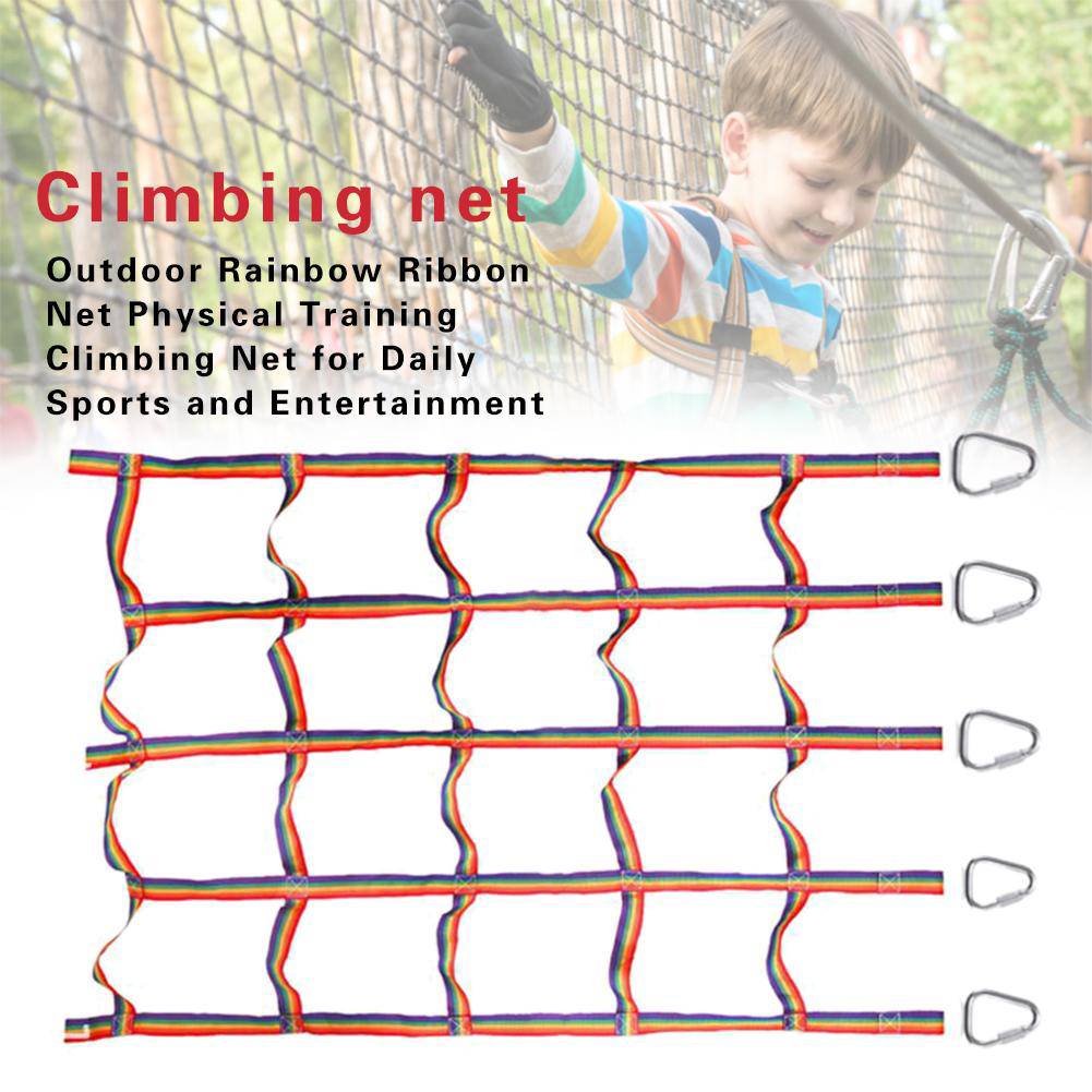 145x185cm Outdoor Children Climbing Net Rainbow Ribbon Net Physical Training Climbing Net Child Playground Swing Hanging Step