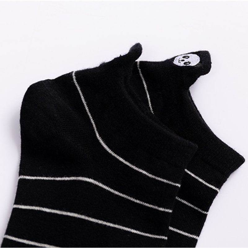 Female Girls Cute Cartoon Panda Embroidery Cotton Boat Socks Black White Stripes Low Cut Shallow Mouth Short Hosiery