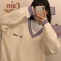 Sweaters Women Ulzzang Letter Chic Vintage V-neck Daily Oversize Preppy Girls Knitwear Fall Casual All-match Ins Womens Sweater