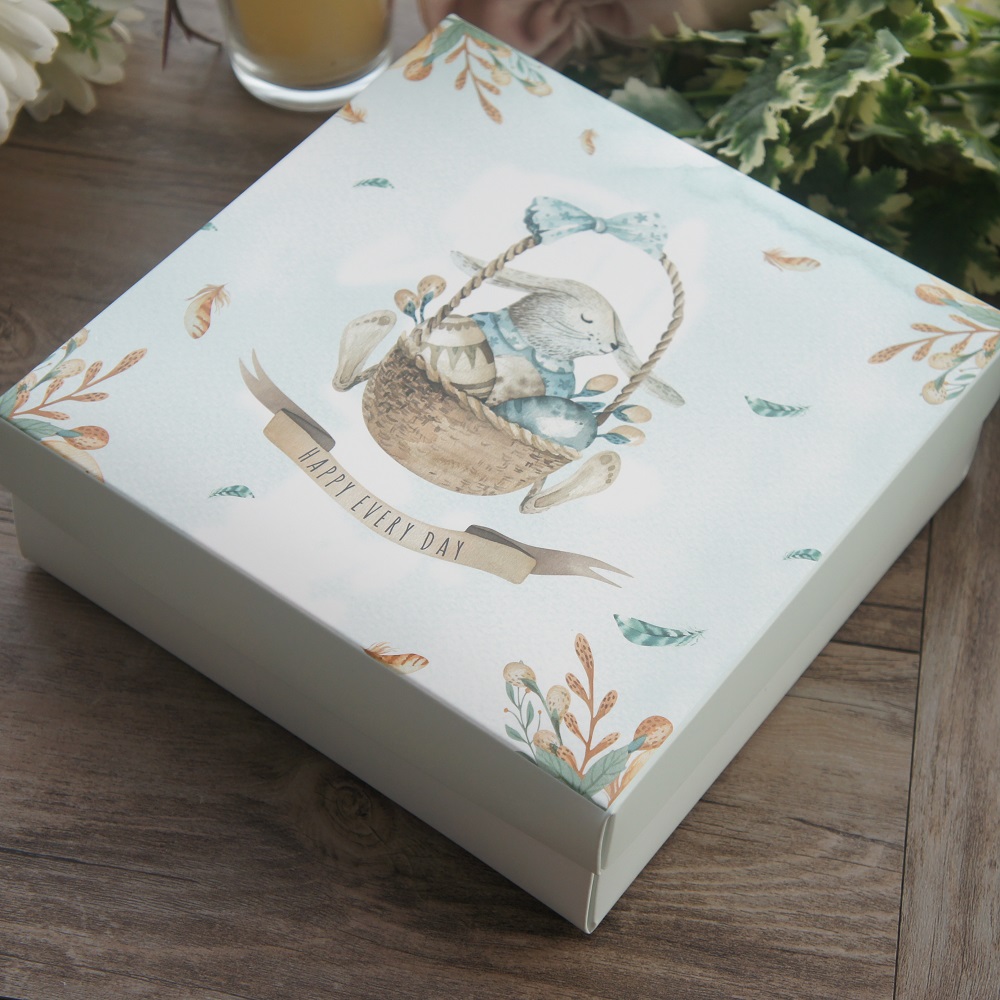 18.5*18.5*6cm 3set Blue Rabbit In Balloon Design Paper Box + Bag As Baby Shower Birthday Wedding Gift Packaging Use