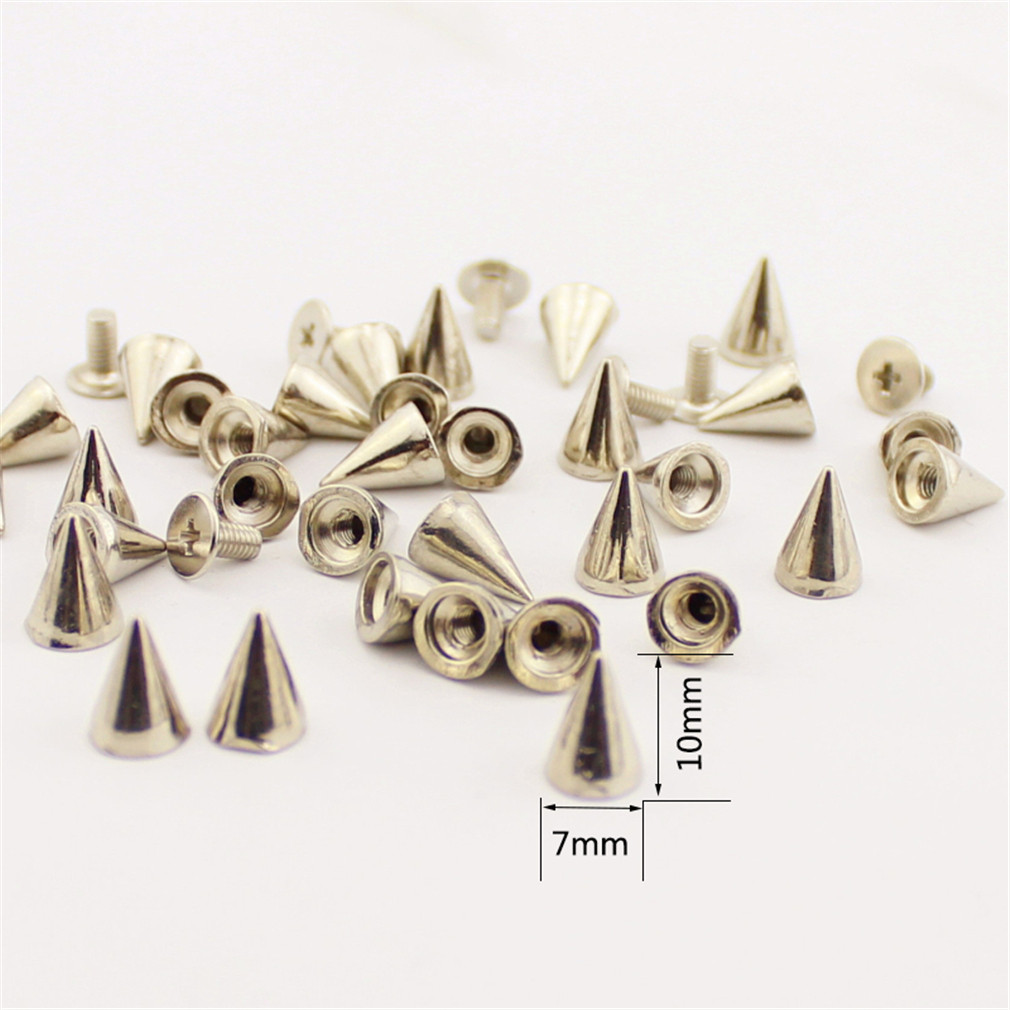50pcs/Set 7x10mm Silver Cone Studs and Spikes for Clothes Screwback DIY Craft Cool Punk Garment Rivets for Leather /Bag/Shoes