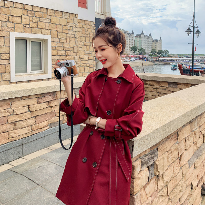 Hot Selling Red Windbreaker Women's 2020 New Autumn Mid-length Hepburn Style Thin Trench Coat With Belt Loose Ladies Outwear 137