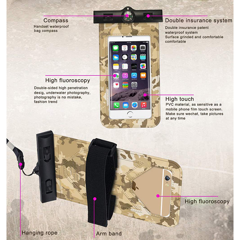 IPX8 Waterproof Case For Phone Pouch Case Swimming Bag With Compass Arm Band Underwater Diving Phone Touch Dry Bag Camouflage