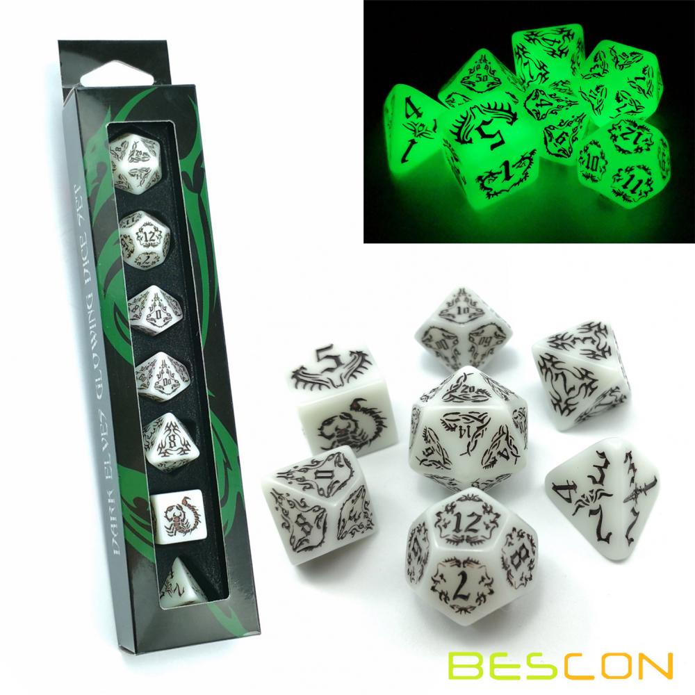 BESCON DARK ELVES Glowing Dice Set (7 piece), Oversized GLOW IN DARK Carved Role Playing Games RPG Dice Set