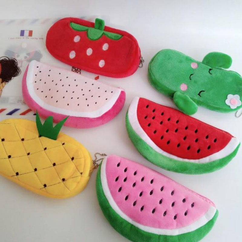 1 Pcs Kawaii Fruit Watermelon Orange Pineapple Cactus Plush Pencil Case Cosmetic Bag Pen Box Girls Gift Stationery Pencil Bags