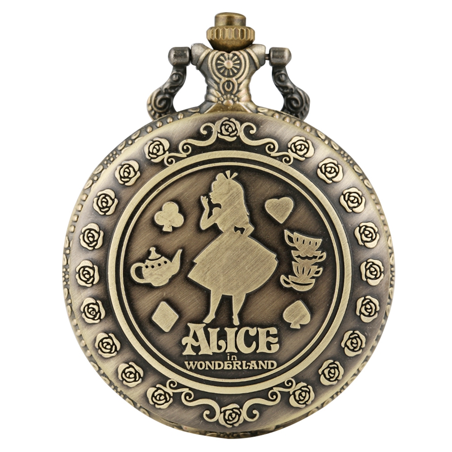 Retro Bronze Dream Alice in Wonderland Rabbit Poker Carousel Accessory Quartz Pocket Watch Chain Necklace Pendant for Girl Women