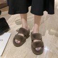 Winter House Thick Heel Fuzzy Slippers For Women Chic Faux Fur Warm Shoes Slip on Ladies Chunky Fluffy Slippers