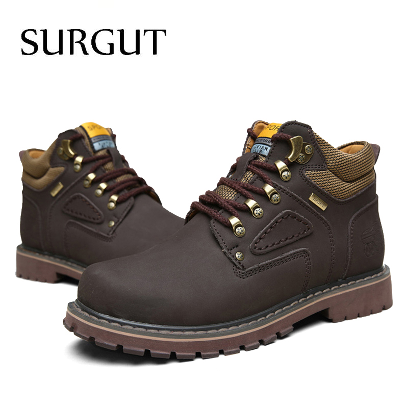 SURGUT Brand Super Warm Men's Winter Leather Men Waterproof Rubber Snow Boots Leisure Boots England Retro Shoes For Men Big Size