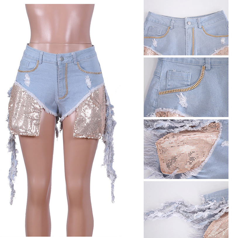 Bonnie Forest Women Washed Denim Shorts With Sequins Patchwork Detail Casual New Fringe Trim Ripped Skinny Denim Shorts XXL