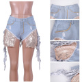 Bonnie Forest Women Washed Denim Shorts With Sequins Patchwork Detail Casual New Fringe Trim Ripped Skinny Denim Shorts XXL