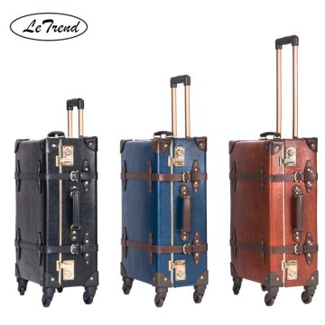 LeTrend Retro Genuine Leather Black Rolling Luggage Spinner Women Trolley Suitcase Wheels 20 inch Vintage Cabin Travel Bag