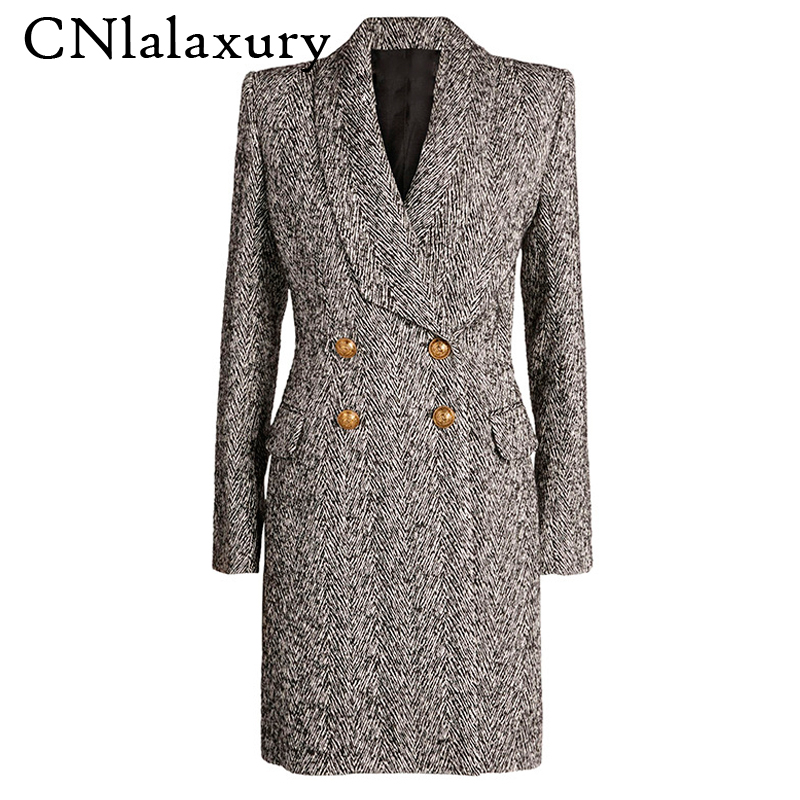 New Autumn Winter Designer Trench Coat Women's Double Breasted Lion Buttons Jacket Herringbone Wool Blends Coats Manteau Femme