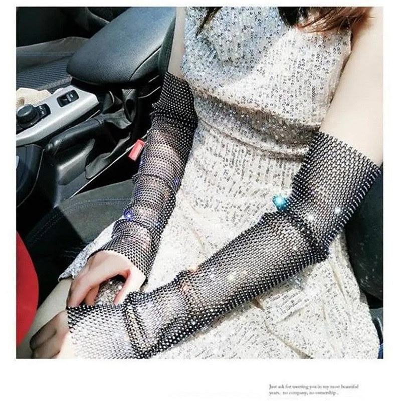 Black Summer Women Girls Mesh Oversleeves Shining Rhinestone Thin Long Sleeve Breathable Club Music Party Arm Glove ST406