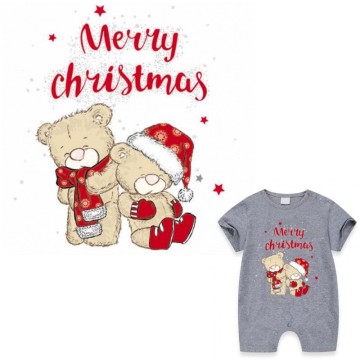 Cute Merry Christmas Bear Animal Iron On Patches For DIY Heat Transfer Clothes T-Shirt Thermal Stickers Decoration Printing