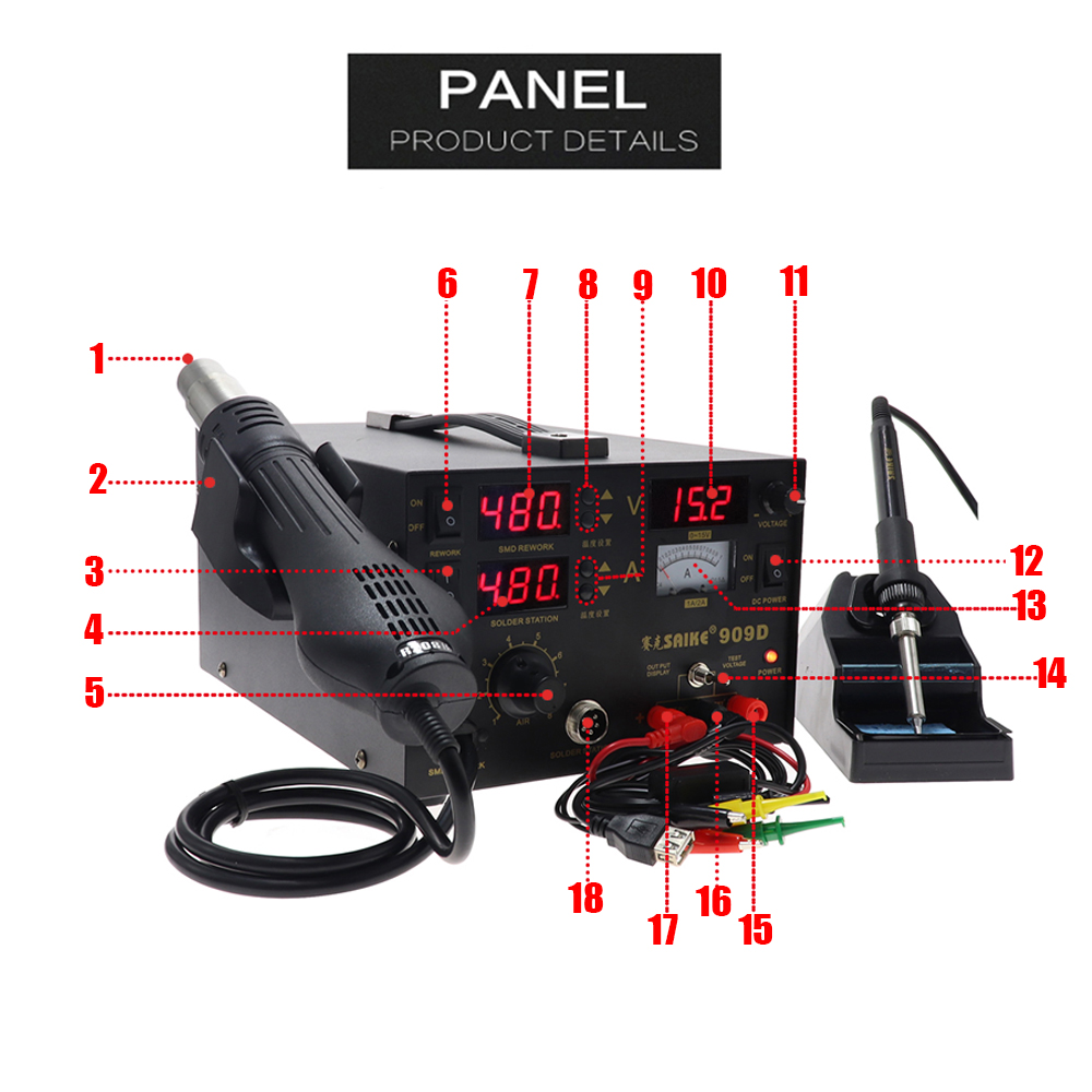 Saike 909D Heat Gun Desoldering Station Power Multi-Function 3 in 1 Constant Temperature Soldering Iron Soldering Station 15V 1A