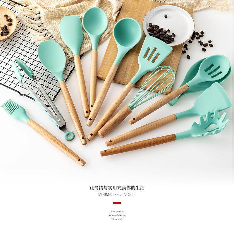 Non-stick Kitchen Accessories Utensils Sets Wooden Handle Silicone Shovel Spoon Cooking Tools Home Gadgets Eco friendly Cookware