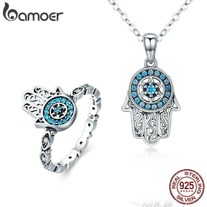 BAMOER Classic 100% 925 Sterling Silver Fatima Hamsa Hand Lucky Necklace Women Rings Jewelry Sets Sterling Silver Jewelry ZHS091
