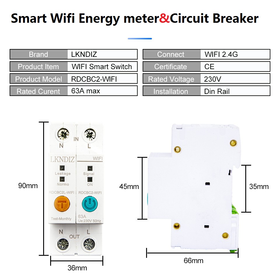 2P WIFI Energy Power kWh Meter Circuit Breaker Time Timer Switch Relay Voltmeter Current Leakage Protection RCCB RCBO Limitter