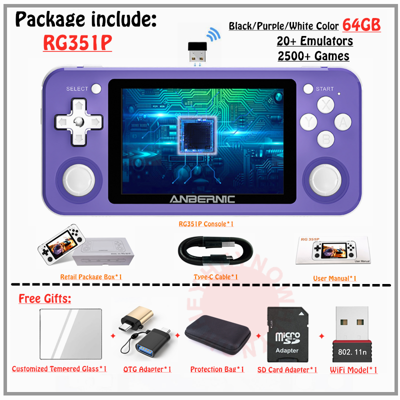 HEYNOW RK3326 RG351P Retro Game Console WiFi 64G Emuelec Linux System 3.5inch IPS Screen PS1 N64 Pocket Game Player RG350P RG351