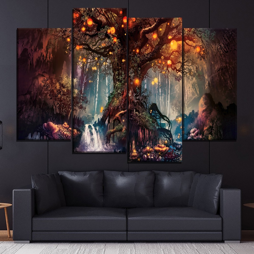 Forest Fantasy Luminous Painting 4 Piece Style Picture Canvas Printing Type Modern Home Decor Wall Artwork Poster Framework