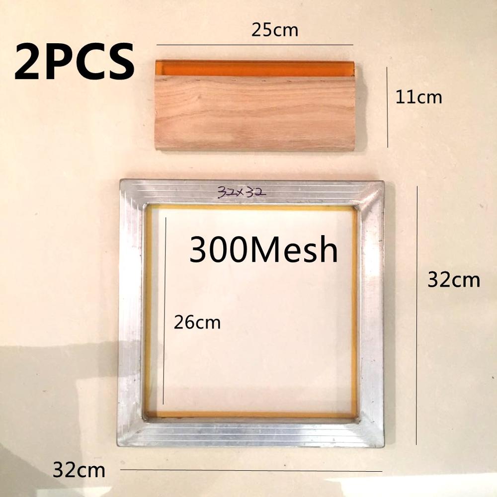 2Pcs/Set Screen Printing Kit 300M Silkscreen Mesh Aluminum Frame + Squeegee Blade With Wood Handle Set Diy Rubber Scraper Tools