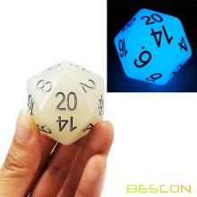 Bescon Jumbo Glowing D20 38MM, Big Size 20 Sides Dice Iced Blue Glow In Dark, Big 20 Faces Cube 1.5 inch