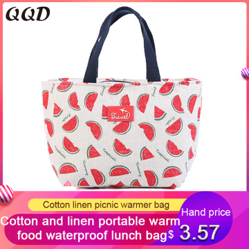 QQD cotton linen lunch bag for women portable thermal bag food waterproof travel picnic school breakfast cooler bag box fashion