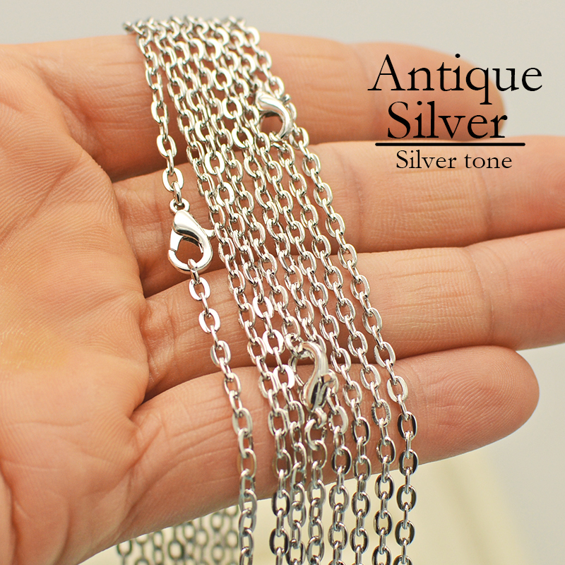 50 Pcs - 18/24/30 Inch Antique Silver Color Necklace Chain for Women, Cable Chain Necklace, Oval Link Rolo Necklace Wholesale