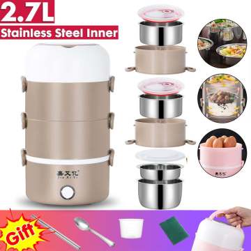 4 Layers Electric Lunch Box Heated Thermos Container 2.7L Stainless Steel Rice Cooker Steamer Portable Food Containers Warmer