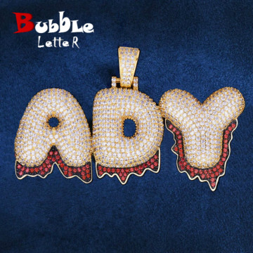 Custom Name Red Color Drip Bubble Letters Pendants Necklaces Men's Zircon Hip Hop Jewelry With 4MM Tennis Chain For Gift