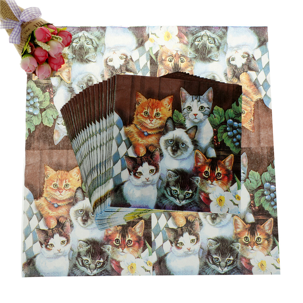 20sheet/bag Cartoon Disposable Napkin Cat Print Serviettes paper Party Tableware Decor 33cmx33cm