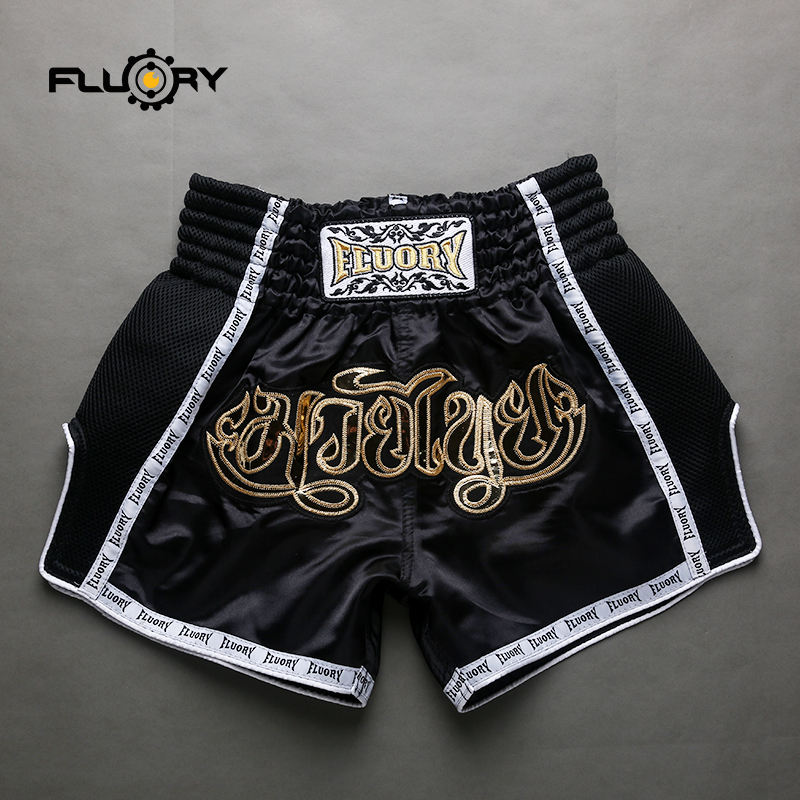 black new release muay thai shorts for all Fluory good quality boxing pants/trunks