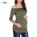 Womens Maternity Tunic Pregnancy Tops Off Shoulder 3/4 Sleeve Womens Clothing Classic Side Ruched T-shirt Pregnancy Clothes