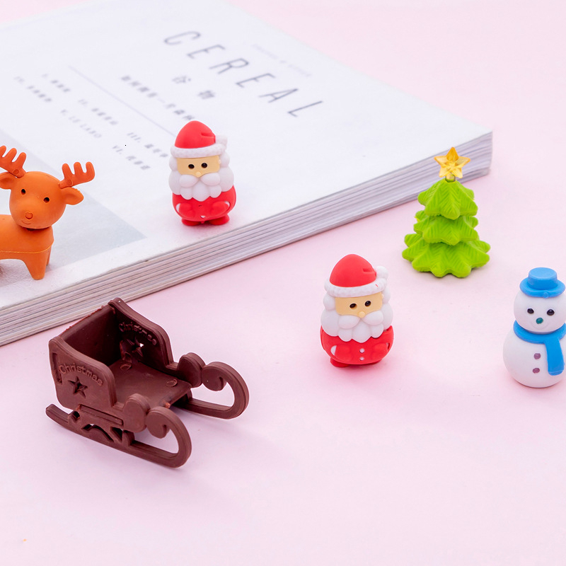 Ellen Brook 1 Set Lovely Cute Kawaii Reindeer Santa Claus Rubber Christmas Gift Eraser Set Kids Stationery Office School Supply