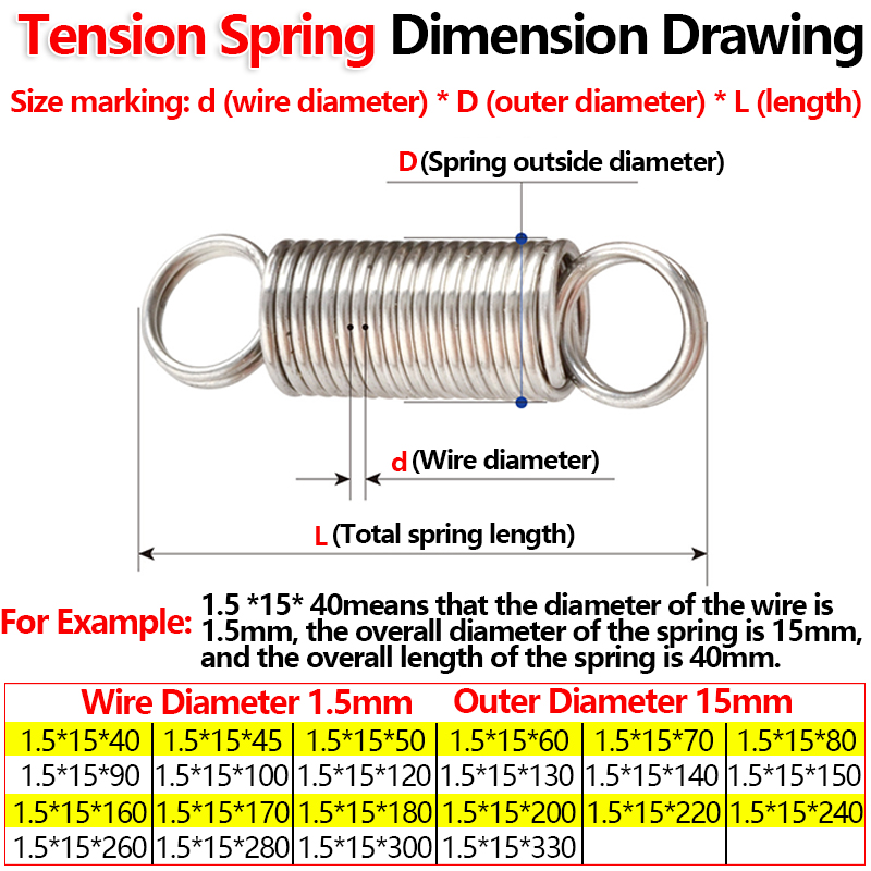 304 Stainless Steel Extension Coil Spring Wire Diameter 1.5mm Outer Diameter 15mm Ring Hook Tension Spring Pullback Spring