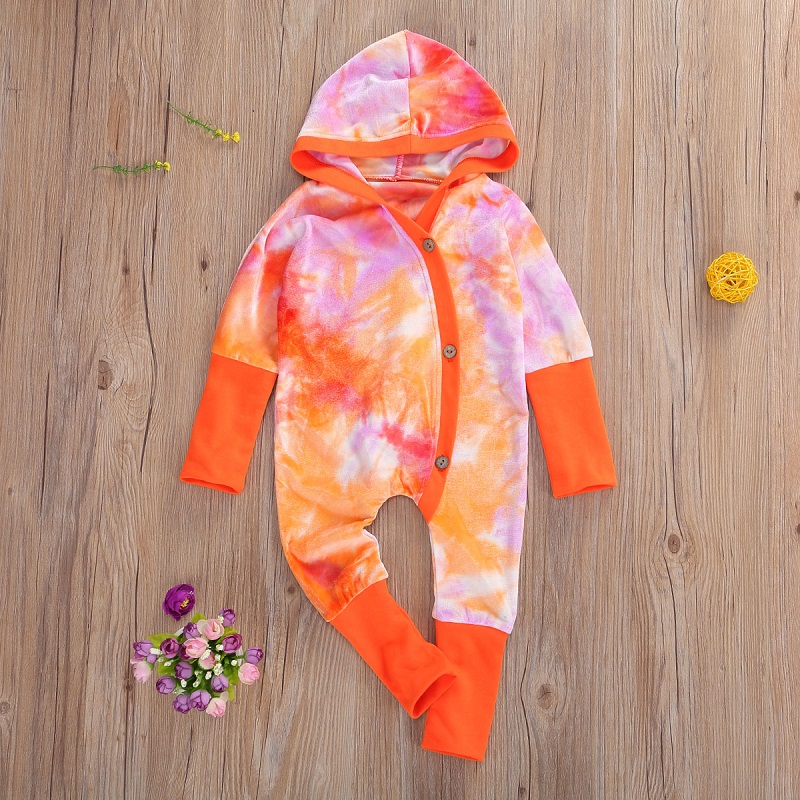 Infant Newborn Baby Romper, Tie-Dye Print Long Sleeve Hooded Starry Jumpsuit for Boys and Girls Spring Autumn