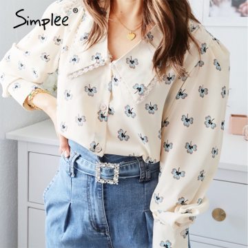 Simplee Vintage floral print blouse women Casual long sleeve female top shirt v-neck streetwear office ladies blouse shirt 2020