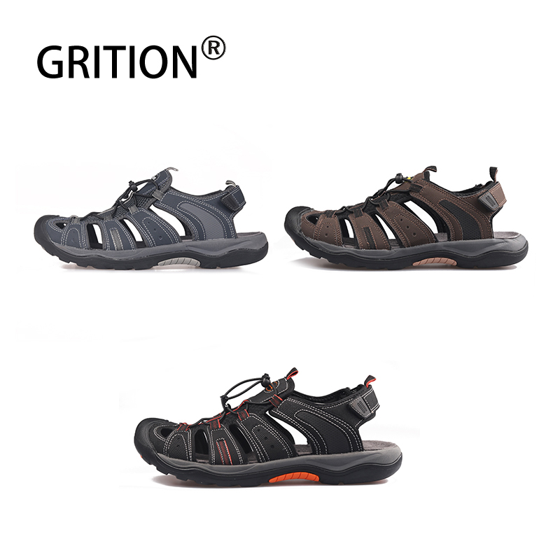GRITION Men Sandals Nubuck Leather Male Flat Outdoor Summer Beach Shoes Sport Hiking Sandals Crocks Breathable Large Size Sale