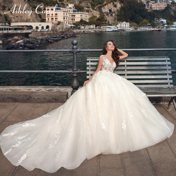 Ashley Carol Ball Gown Wedding Dress 2020 Cathedral Princess Graceful V-neck Beaded Appliques Sleeveless Bride Vestido De Novia