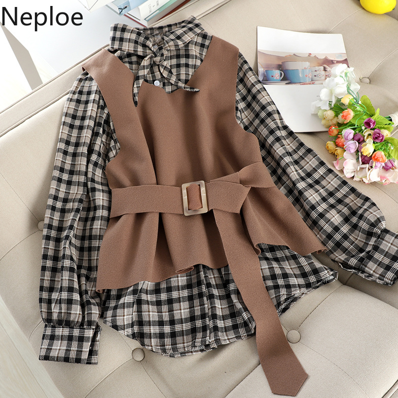 Neploe Retro Plaid Single-breast Loose Bottom Shirt + Slim Waist Belt Woolden Vest Autumn Elegant 2 Pcs Women Set 2021 New 46998