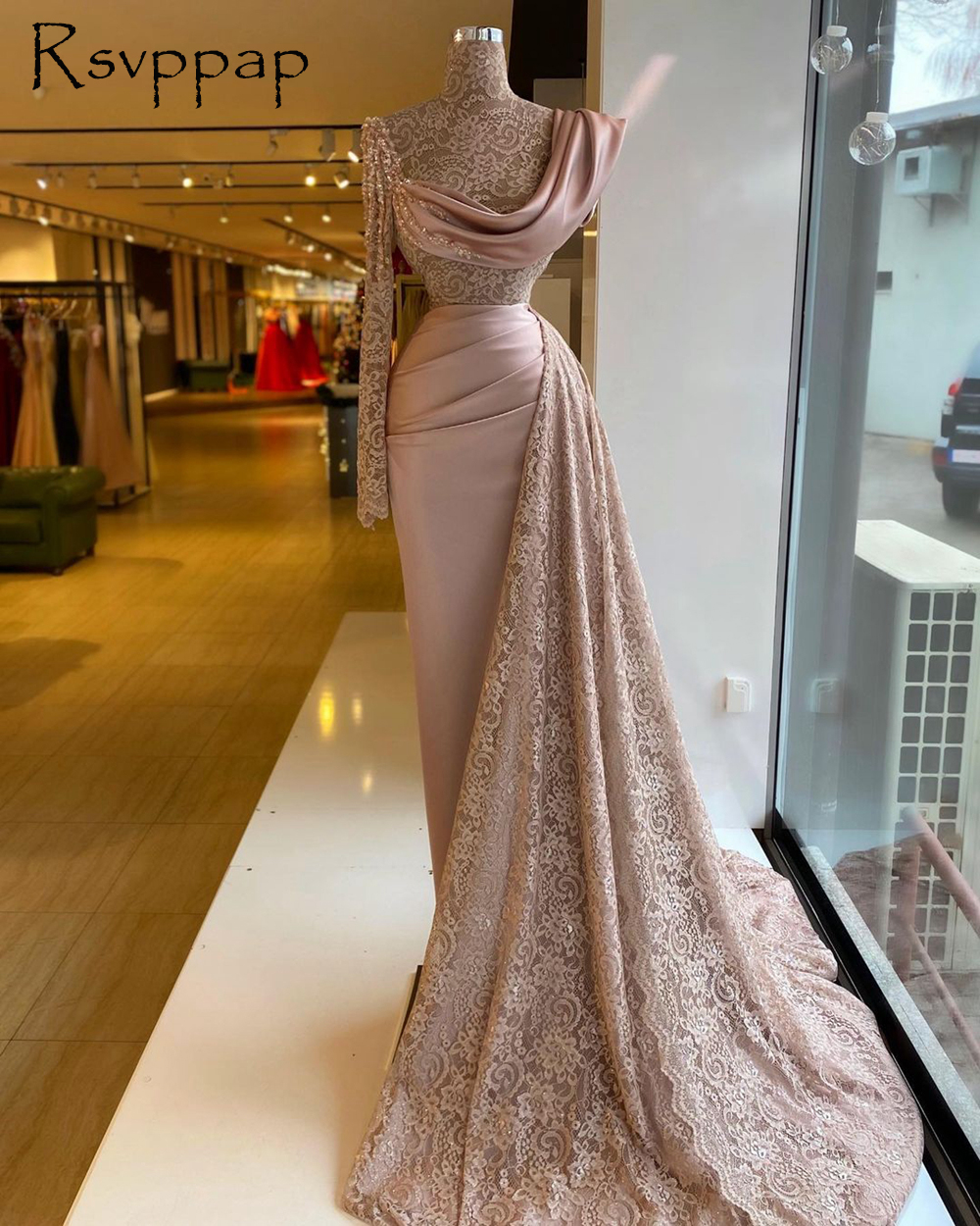 Long Evening Dresses 2020 Sexy Sheer Lace Long Sleeve High Neck Dusty Pink Dubai Women Formal Evening Party Gowns