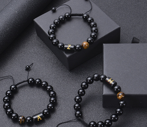 Natural black agate stone woven Beaded Bracelet alphabet logo Bracelet charming couple lettering gift