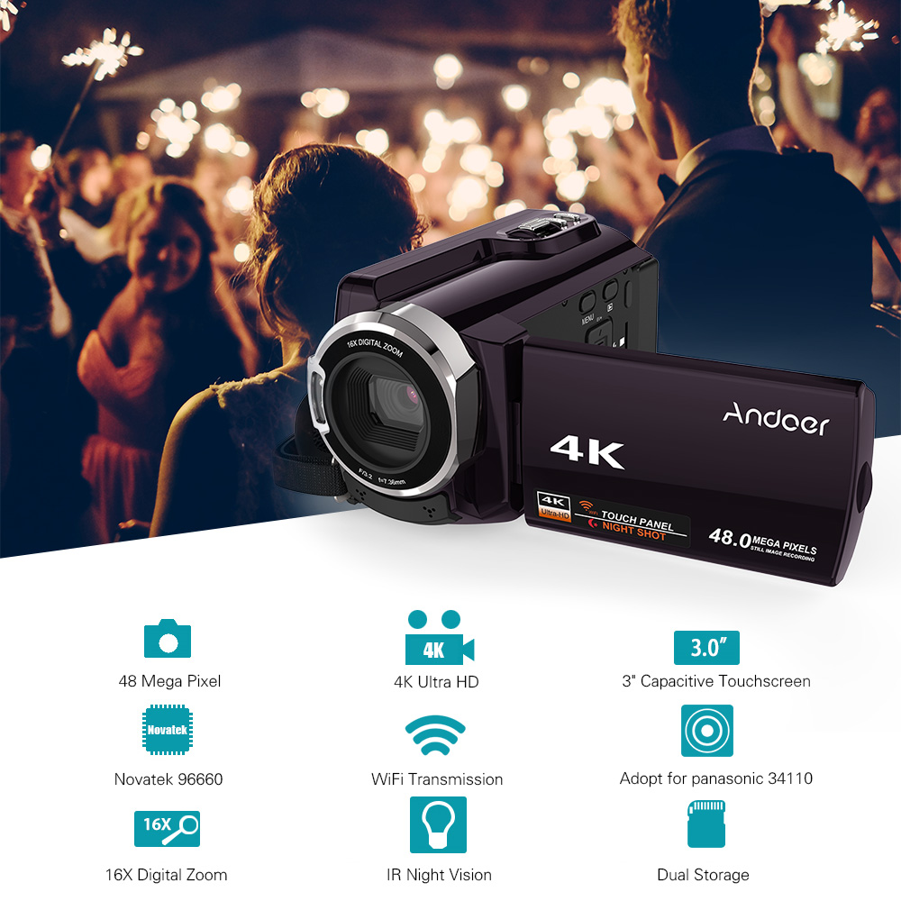 Andoer HDV-534K 4K WiFi Digital Video Camera 1080P Novatek 96660 Chip Camera 3in Touchscreen with IR Infrared Night Sight