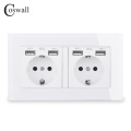 COSWALL Russia Spain EU Standard Wall Socket USB Charge Port Crystal Glass Panel Black White Grey C1 Series Full Range